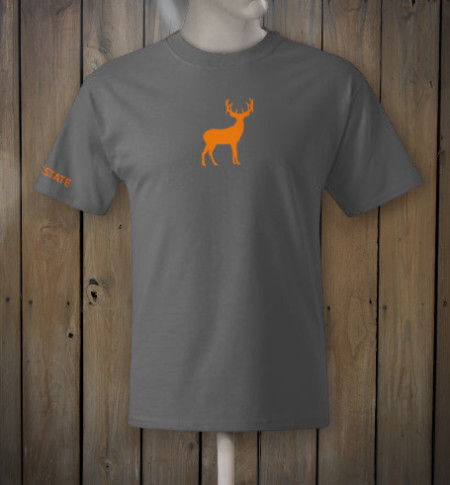 Grey t-shirt with hunter's orange deer logo